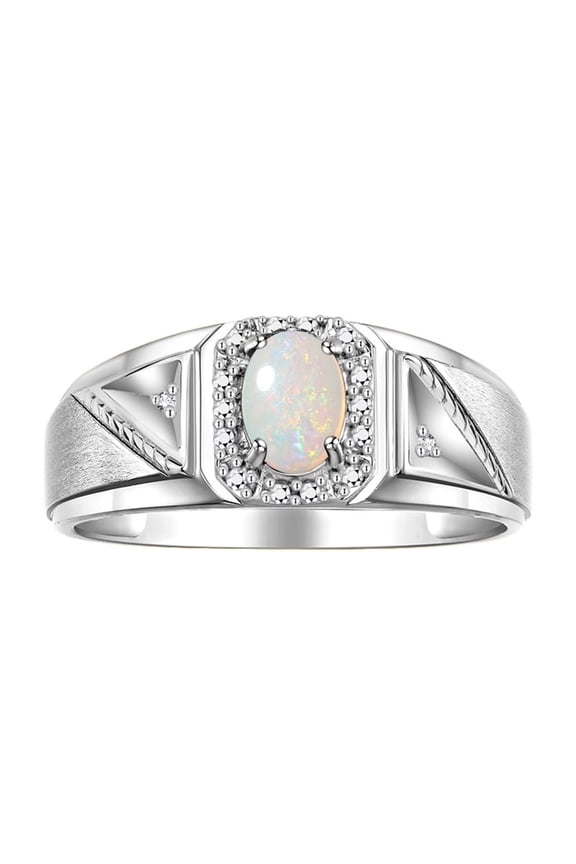 Men's Rings Sterling Silver Classic 7X5MM Oval Gemstone & Diamond Ring Opal October Birthstone Rings For Men Size 9