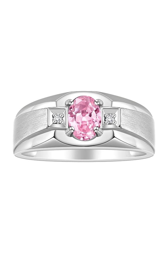Men's Rings Sterling Silver Classic 7X5MM Oval Gemstone & Diamond Ring Pink Ice October Birthstone Rings For Men, Silver Rings, Size 13