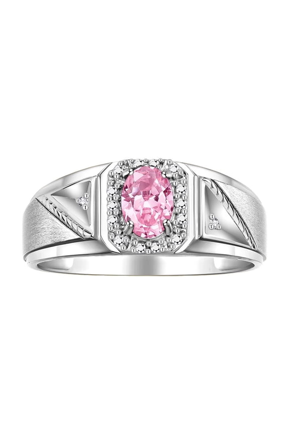 Men's Rings Sterling Silver Classic 7X5MM Oval Gemstone & Diamond Ring Pink Ice October Birthstone Rings For Men Size 10