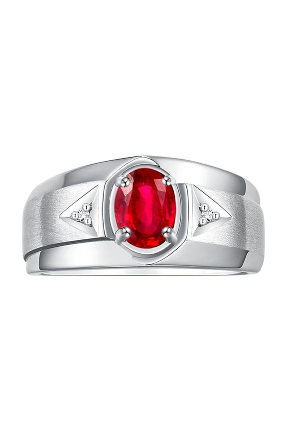 Men's Rings Sterling Silver Classic 7X5MM Oval Gemstone & Diamond Ring Ruby July Birthstone Rings For Men, Men's Rings, Silver Rings, Size 8