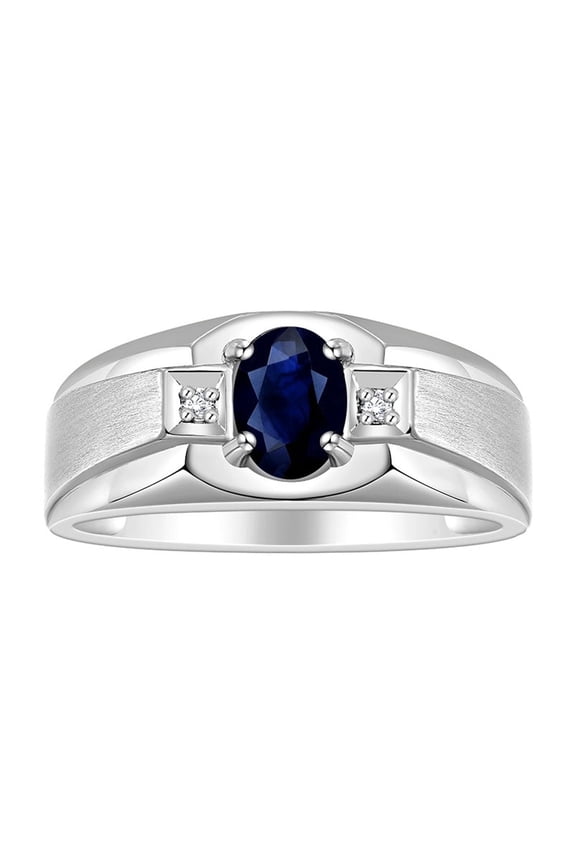 Men's Rings Sterling Silver Classic 7X5MM Oval Gemstone & Diamond Ring Sapphire September Birthstone Rings For Men, Silver Rings, Size 8