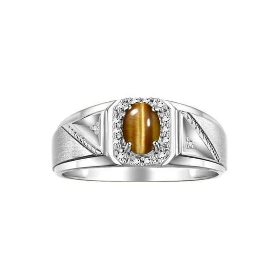 RYLOS Men's Rings Sterling Silver Classic 7X5MM Oval Gemstone & Diamond Ring Tiger Eye November Birthstone Rings For Men Size 10