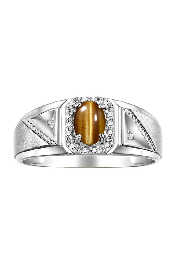 Men's Rings Sterling Silver Classic 7X5MM Oval Gemstone & Diamond Ring Tiger Eye November Birthstone Rings For Men Size 10