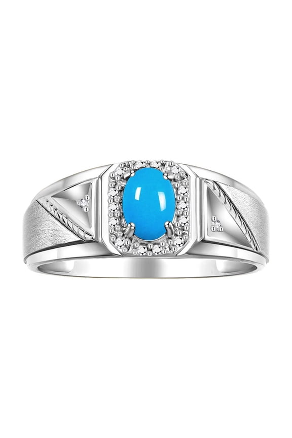 Men's Rings Sterling Silver Classic 7X5MM Oval Gemstone & Diamond Ring Turquoise December Birthstone Rings For Men Size 9