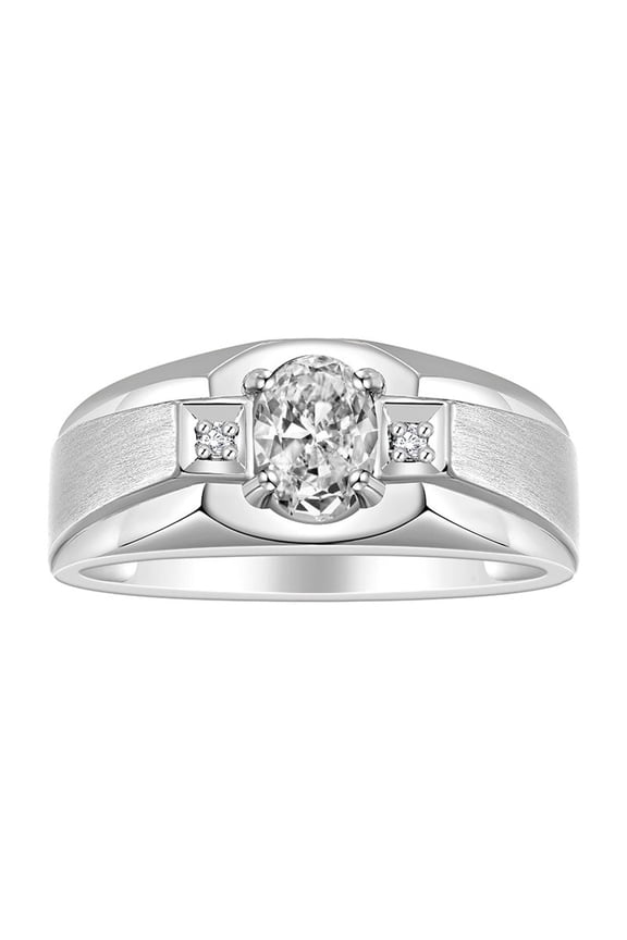 Men's Rings Sterling Silver Classic 7X5MM Oval Gemstone & Diamond Ring White Topaz April Birthstone Rings For Men, Silver Rings, Size 9