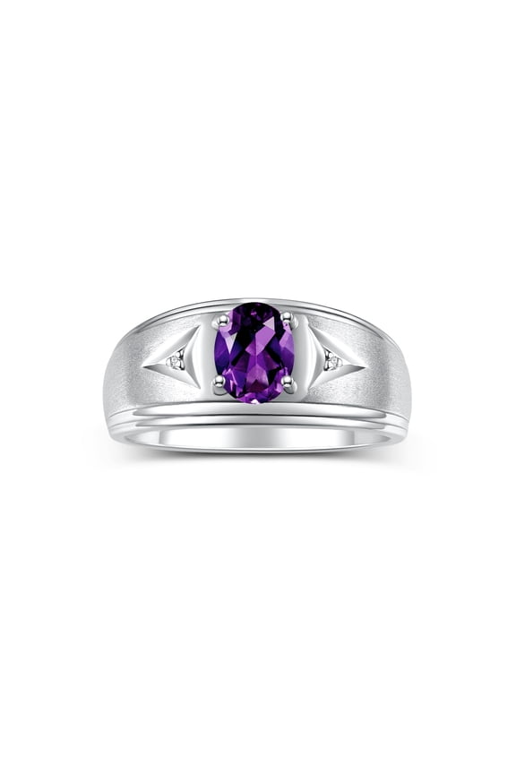 Men's Rings Sterling Silver Classic 8X6MM Oval Gemstone &  Diamond Ring Amethyst February Birthstone Rings For Man Silver Rings Size 8