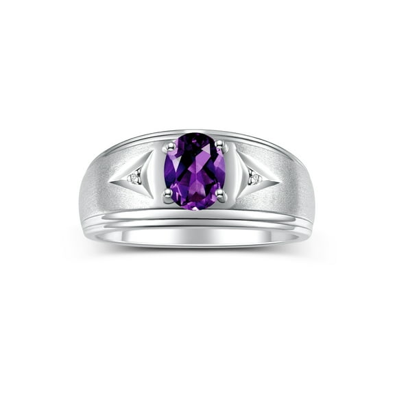 RYLOS Men's Rings Sterling Silver Classic 8X6MM Oval Gemstone & Diamond Ring Amethyst February Birthstone Rings For Man Silver Rings Size 8