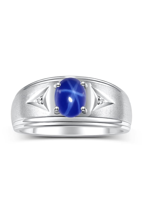 Men's Rings Sterling Silver Classic 8X6MM Oval Gemstone & Diamond Ring Blue Star Sapphire September Birthstone Rings For Man Silver Rings Size 11