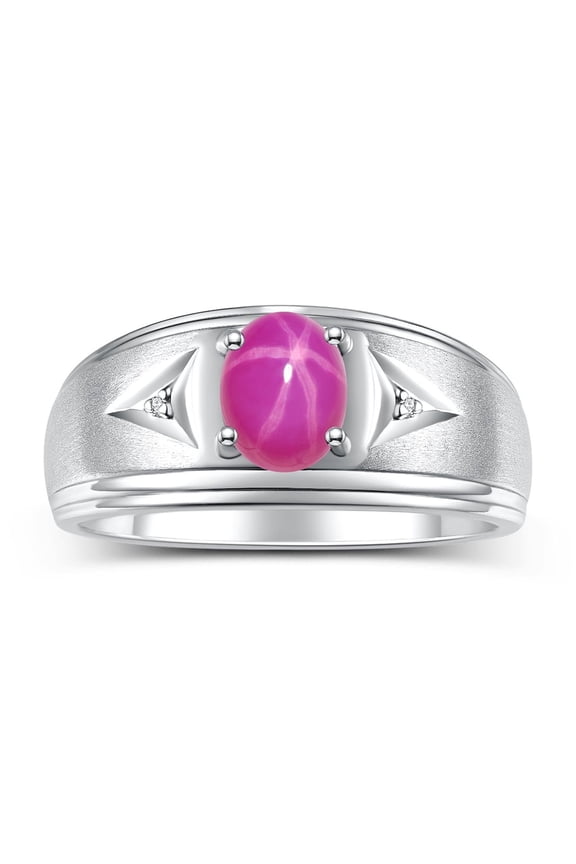 Men's Rings Sterling Silver Classic 8X6MM Oval Gemstone &  Diamond Ring Star Ruby July Birthstone Rings For Man Silver Rings Size 12