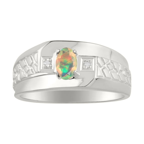 RYLOS Men's Rings Sterling Silver Classic Nugget 6X4MM Oval Gemstone & Diamond Ring Opal African October Birthstone Ring Size 11