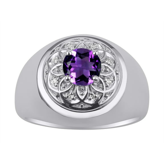 RYLOS Men's Rings Sterling Silver Designer Gypsy 7MM Round Gemstone & Diamond Ring Amethyst February Birthstone Size 8