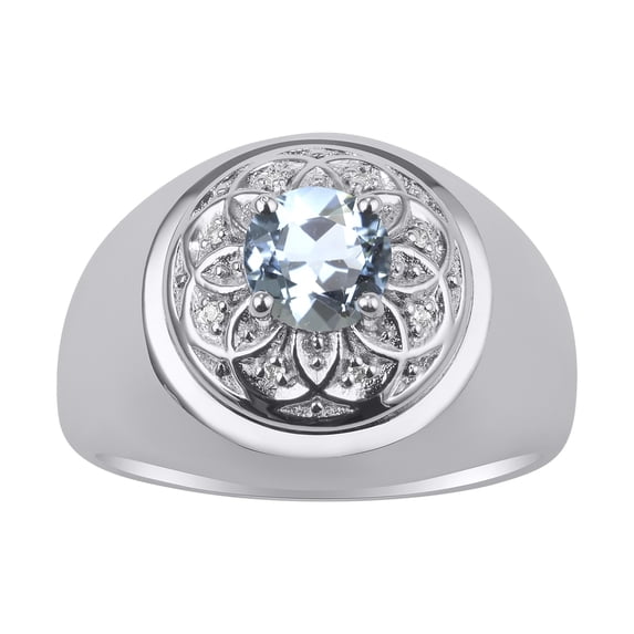 RYLOS Men's Rings Sterling Silver Designer Gypsy 7MM Round Gemstone & Diamond Ring Aquamarine March Birthstone Rings Size 8