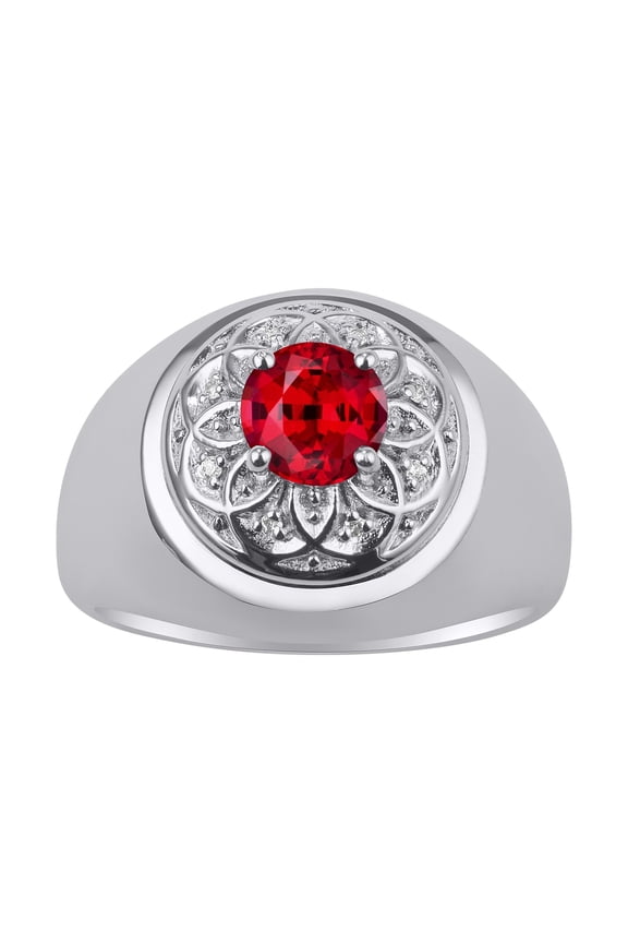 Men's Rings Sterling Silver Designer Gypsy 7MM Round Gemstone & Diamond Ring Ruby July Birthstone Rings Size 10