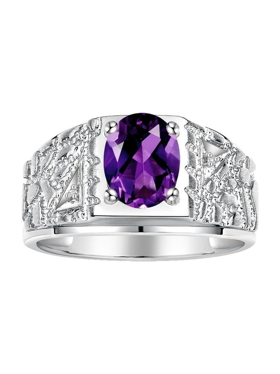 Men's Rings Sterling Silver Designer Nugget Ring Oval 9X7MM Gemstone & Diamonds Amethyst February Birthstone Rings For Man Size 10