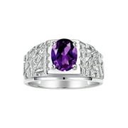 RYLOS Mens Rings Sterling Silver Designer Nugget Ring Oval 9X7MM Gemstone & Diamonds Amethyst February Birthstone Rings For Man Size 8