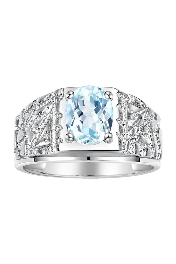 Men's Rings Sterling Silver Designer Nugget Ring Oval 9X7MM Gemstone & Diamonds Aquamarine March Birthstone Rings For Man Size 11