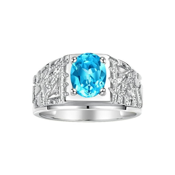RYLOS Men's Rings Sterling Silver Designer Nugget Ring Oval 9X7MM Gemstone & Diamonds Blue Topaz Birthstone Rings For Man Size 10