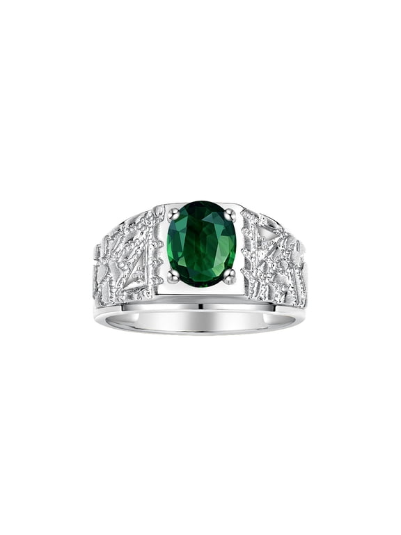 Men's Rings Sterling Silver Designer Nugget Ring Oval 9X7MM Gemstone & Diamonds Green Sapphire Birthstone Rings For Man Size 9