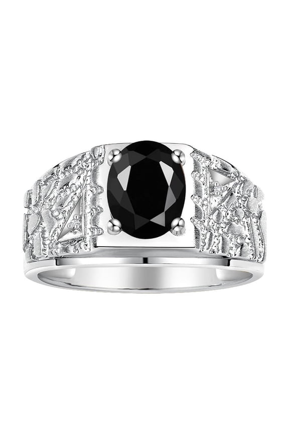 Men's Rings Sterling Silver Designer Nugget Ring Oval 9X7MM Gemstone & Diamonds  Onyx October Birthstone Rings For Man Size 8