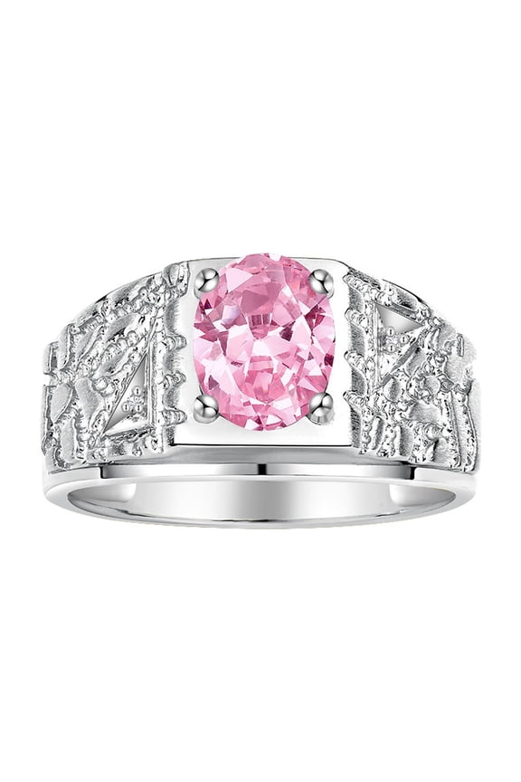 Men's Rings Sterling Silver Designer Nugget Ring Oval 9X7MM Gemstone & Diamonds Pink Ice October Birthstone Rings For Man Size 11