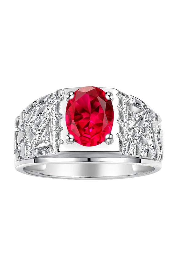 Men's Rings Sterling Silver Designer Nugget Ring Oval 9X7MM Gemstone & Diamonds  Ruby July Birthstone Rings For Man Size 13