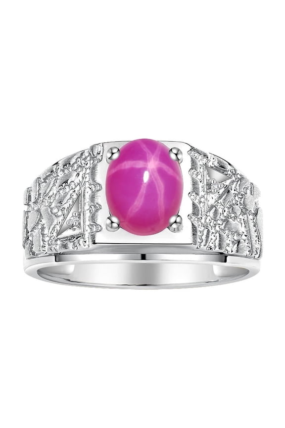 Men's Rings Sterling Silver Designer Nugget Ring Oval 9X7MM Gemstone & Diamonds  Star Ruby July Birthstone Rings For Man Size 8