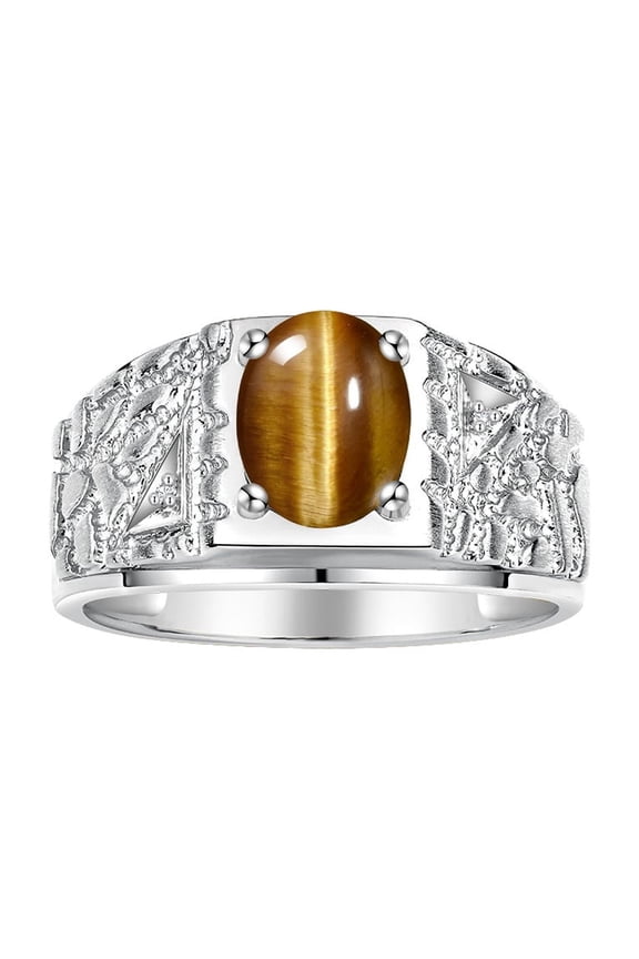 Men's Rings Sterling Silver Designer Nugget Ring Oval 9X7MM Gemstone & Diamonds  Tiger Eye November Birthstone Rings For Man Size 11