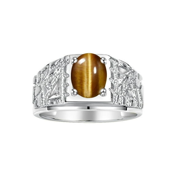 RYLOS Men's Rings Sterling Silver Designer Nugget Ring Oval 9X7MM Gemstone & Diamonds Tiger Eye November Birthstone Rings For Man Size 11