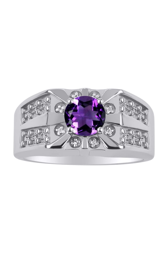 Men's Rings Sterling Silver Designer Starburst 7MM Round Gemstone & Diamond Ring Amethyst February Birthstone Size 9