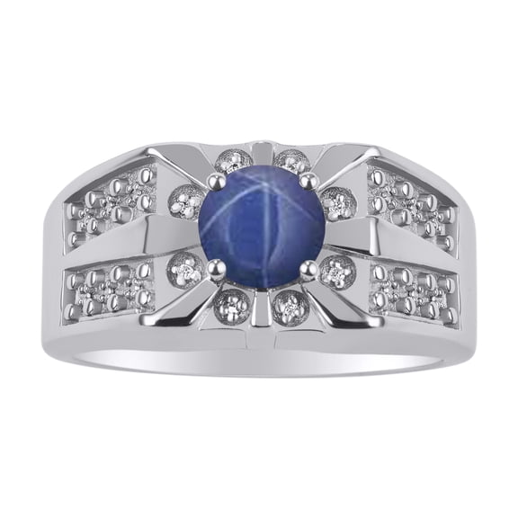 RYLOS Men's Rings Sterling Silver Designer Starburst 7MM Round Gemstone & Diamond Ring Blue Star Sapphire September  Size 9
