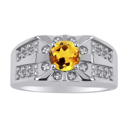 RYLOS Men's Rings Sterling Silver Designer Starburst 7MM Round Gemstone & Diamond Ring Citrine November Birthstone Size 10