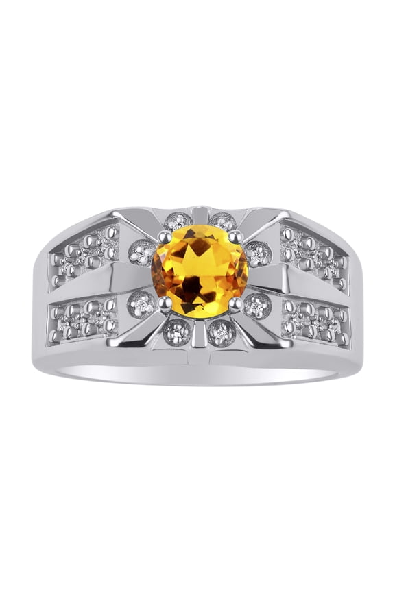 Men's Rings Sterling Silver Designer Starburst 7MM Round Gemstone & Diamond Ring Citrine November Birthstone Size 10