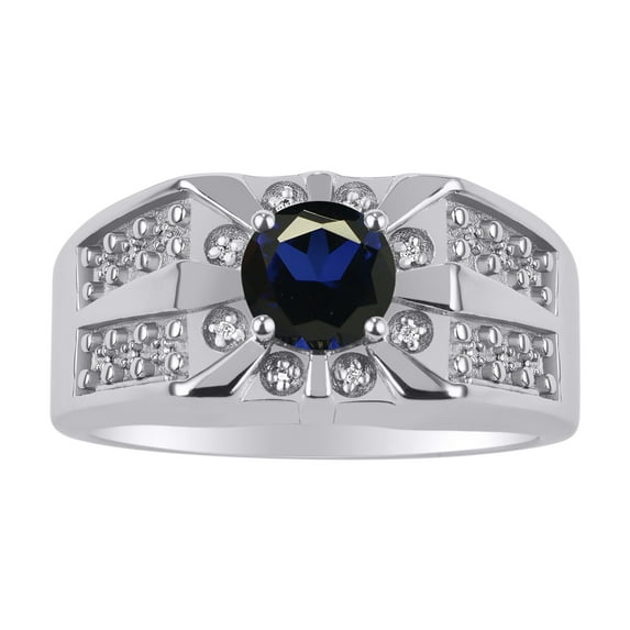 RYLOS Men's Rings Sterling Silver Designer Starburst 7MM Round Gemstone & Diamond Ring Sapphire September Birthstone Size 10