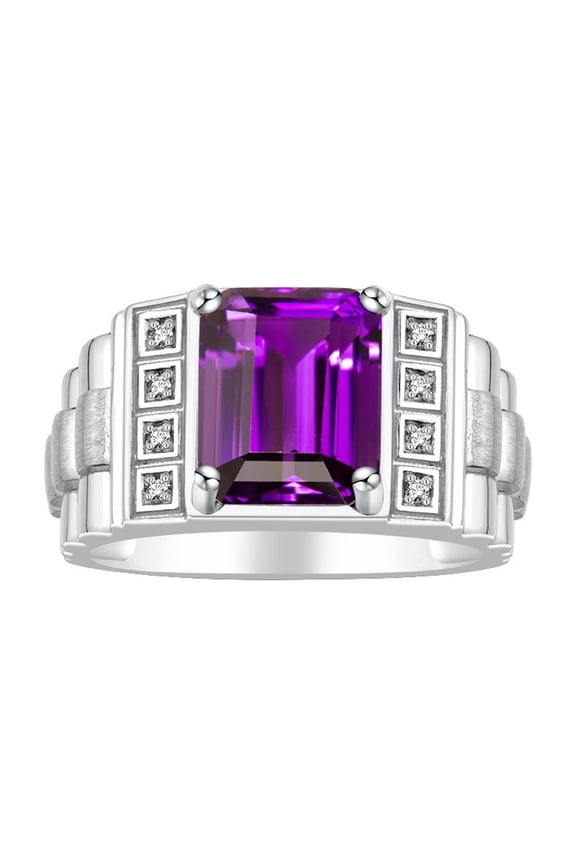 Men's Rings Sterling Silver Designer Style 10X8MM Emerald Cut Shape Gemstone &  Diamonds Amethyst February Birthstone Rings For Men Size 10
