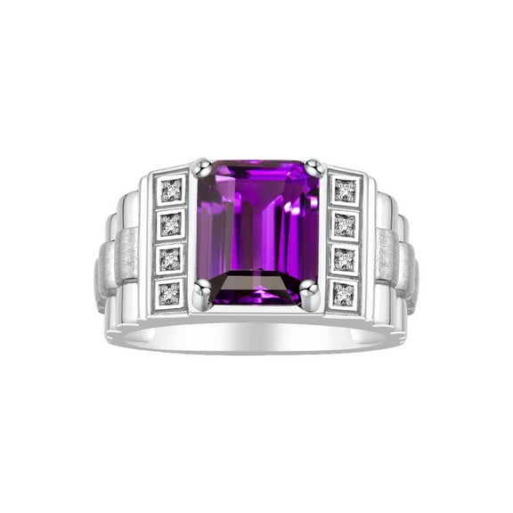 RYLOS Men's Rings Sterling Silver Designer Style 10X8MM Emerald Cut Shape Gemstone & Diamonds Amethyst February Birthstone Rings For Men Size 8