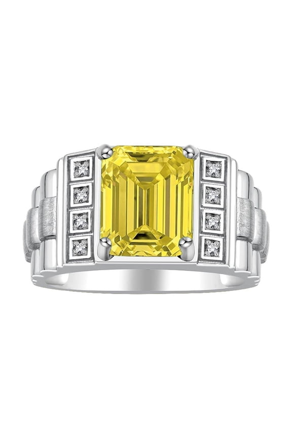 Men's Rings Sterling Silver Designer Style 10X8MM Emerald Cut Shape Gemstone & Diamonds Citrine November Birthstone Rings For Men Size 8