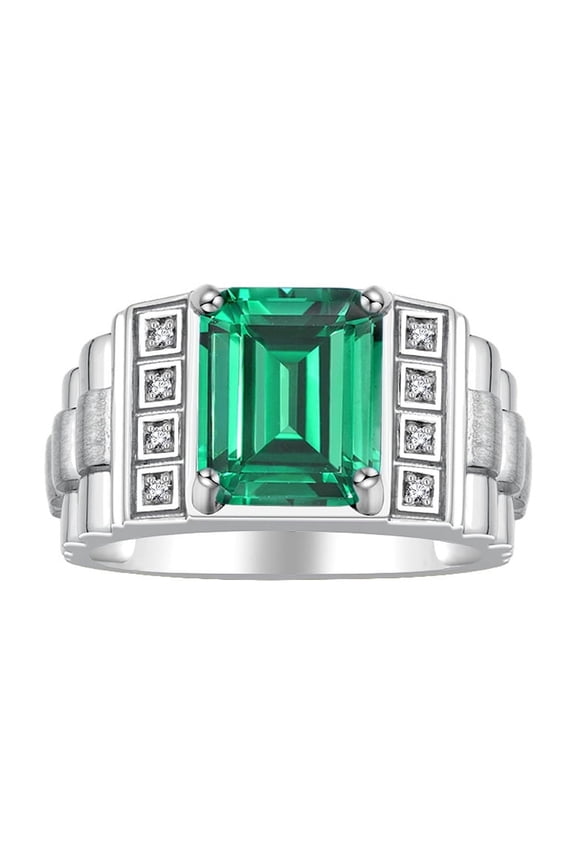 Men's Rings Sterling Silver Designer Style 10X8MM Emerald Cut Shape Gemstone & Diamonds Emerald May Birthstone Rings For Men Size 10