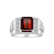 RYLOS Men's Rings Sterling Silver Designer Style 10X8MM Emerald Cut Shape Gemstone & Diamonds Garnet January Birthstone Rings For Men Size 13