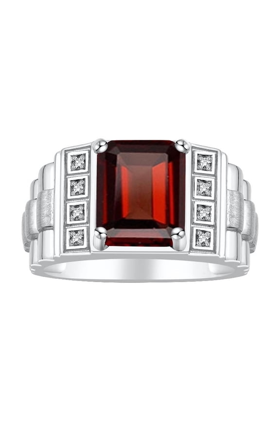 Men's Rings Sterling Silver Designer Style 10X8MM Emerald Cut Shape Gemstone & Diamonds Garnet January Birthstone Rings For Men Size 13