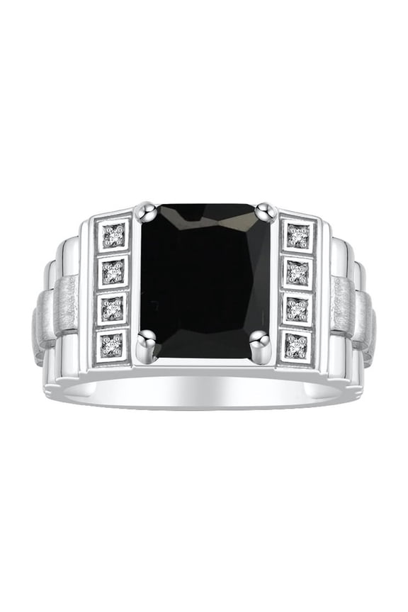 Men's Rings Sterling Silver Designer Style 10X8MM Emerald Cut Shape Gemstone & Diamonds Onyx October Birthstone Rings For Men Size 9