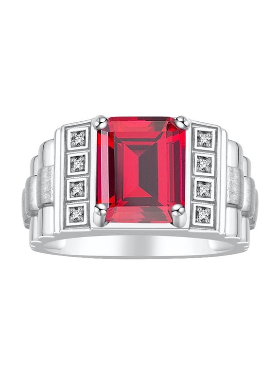 Men's Rings Sterling Silver Designer Style 10X8MM Emerald Cut Shape Gemstone & Diamonds Ruby July Birthstone Rings For Men Size 10