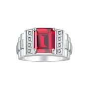 RYLOS Mens Rings Sterling Silver Designer Style 10X8MM Emerald Cut Shape Gemstone & Diamonds Ruby July Birthstone Rings For Men Size 9