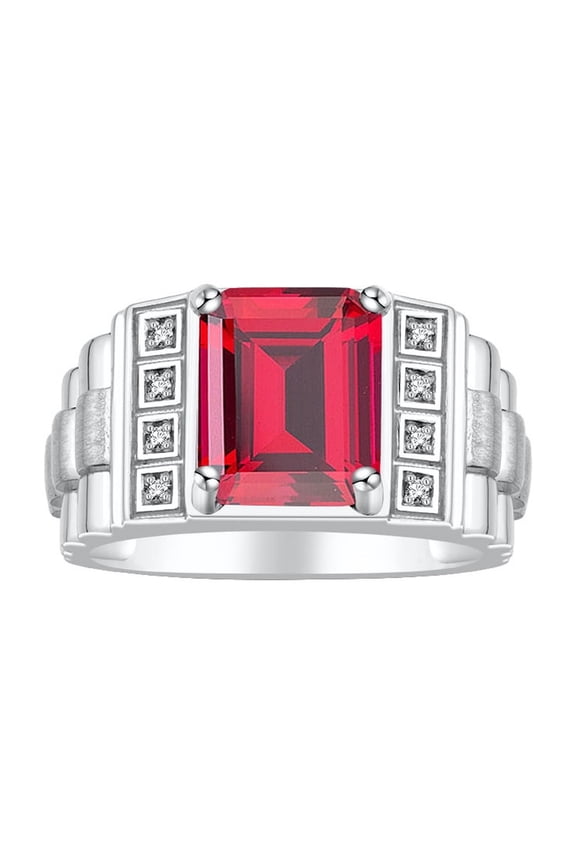 Men's Rings Sterling Silver Designer Style 10X8MM Emerald Cut Shape Gemstone & Diamonds Ruby July Birthstone Rings For Men Size 9