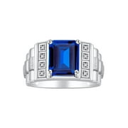 RYLOS Mens Rings Sterling Silver Designer Style 10X8MM Emerald Cut Shape Gemstone & Diamonds Sapphire September Birthstone Rings For Men Size 13
