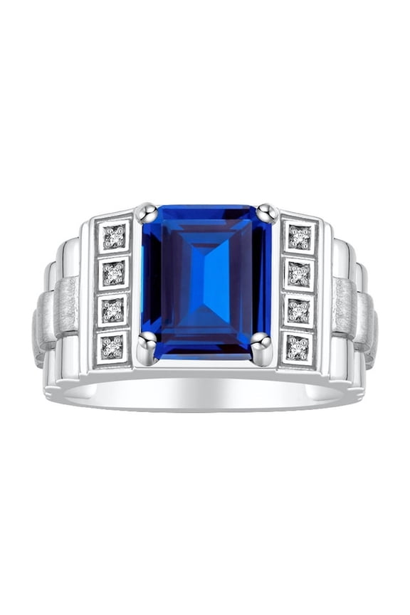 Men's Rings Sterling Silver Designer Style 10X8MM Emerald Cut Shape Gemstone & Diamonds Sapphire September Birthstone Rings For Men Size 13