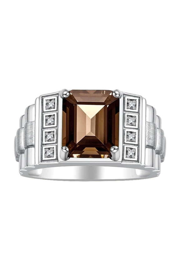 Men's Rings Sterling Silver Designer Style 10X8MM Emerald Cut Shape Gemstone & Diamonds Smoky Quartz June Birthstone Rings For Men Size 8