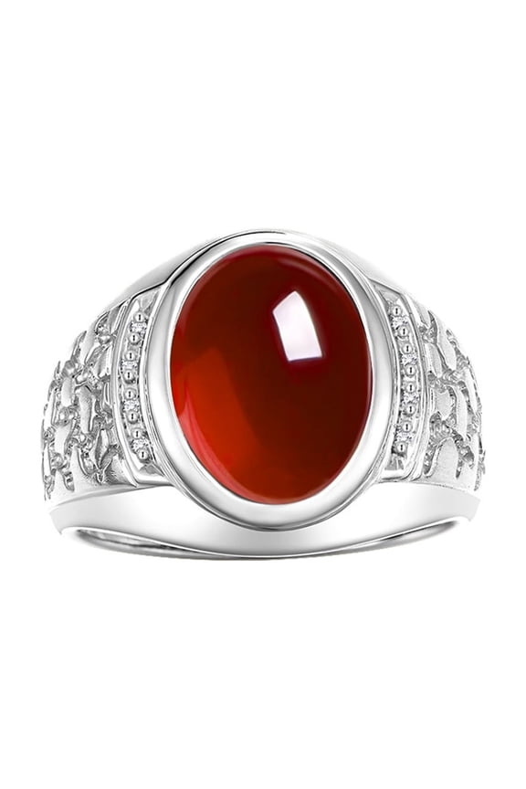 Men's Rings Sterling Silver Nugget Ring with Cabochon Gemstone & Diamonds Garnet Rings For Men Size 13