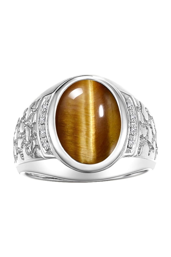Men's Rings Sterling Silver Nugget Ring with Cabochon Gemstone & Diamonds Tiger Eye Rings For Men Size 12