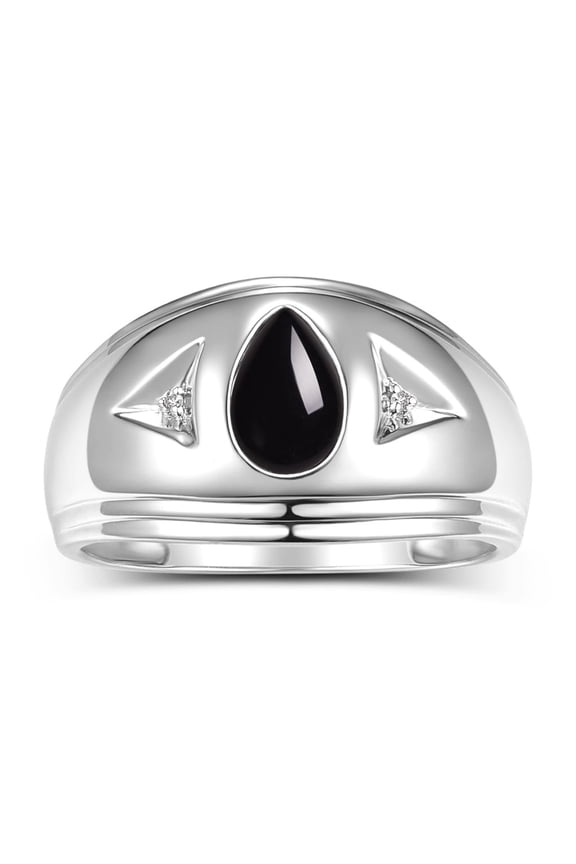 Men's Rings Sterling Silver Pear Shape Tear Drop Cabochon Gemstone & Diamond Rings; Cabochon Onyx   Size 11
