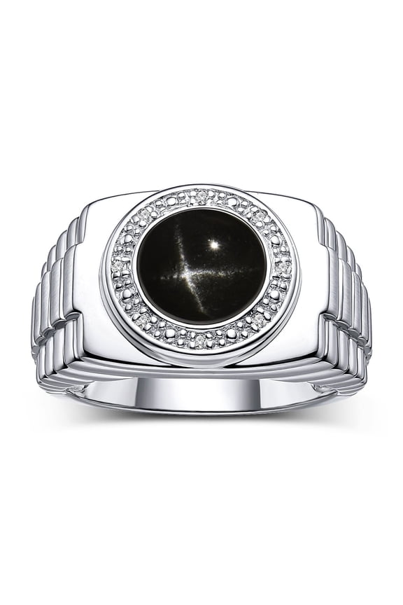 Men's Rings Sterling Silver Ring Cabochon Gemstone & Diamonds Designer Style Black Star Sapphire Rings For Men Size 9